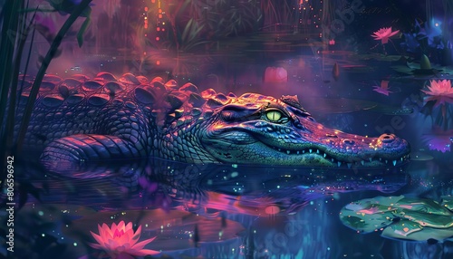 Glowing lilies floating serenely across a neonlit swamp, reflecting the light off a cyberpunk alligator s metallic scales photo