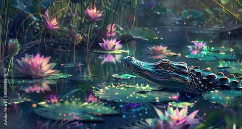 Glowing lilies floating serenely across a neonlit swamp  reflecting the light off a cyberpunk alligator s metallic scales