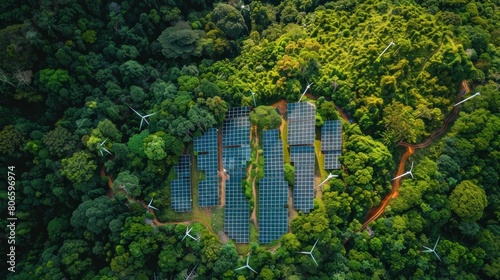 Electric power production plant nestled in a lush forest It has solar panels and a large wind turbine.