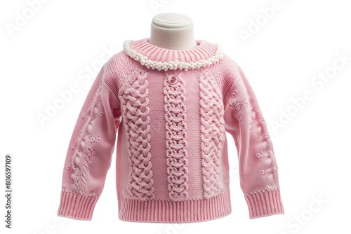 Beautiful pink wool knit children's sweater with long-sleeved collar decoration.