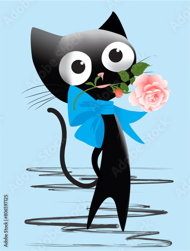 composition with a black cat with a ribbon holding a rose in its mouth © klatki