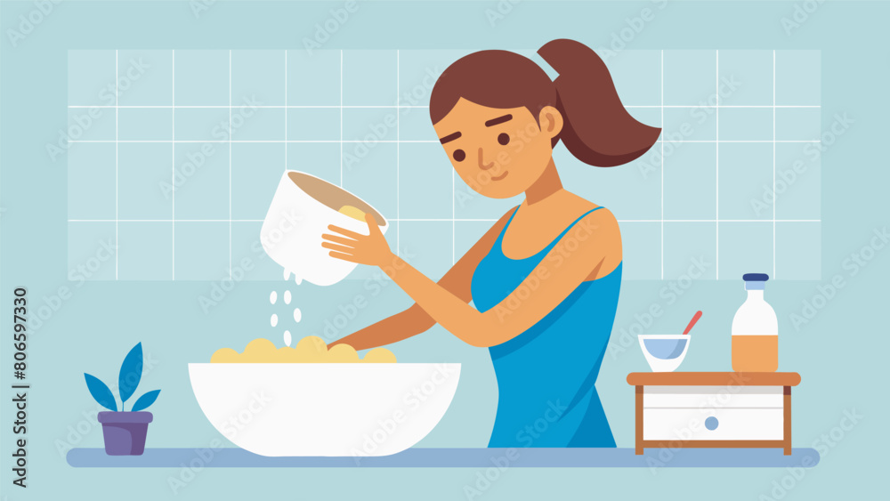 A woman pouring a cup of oatmeal into her bath water using its soothing properties to relieve dry and itchy skin..