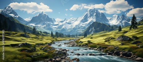 Mountain landscape with a stream in the foreground and snow-capped peaks in the background