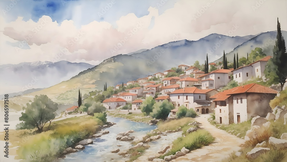 Fototapeta premium Kruje Albania Country Landscape Illustration Art