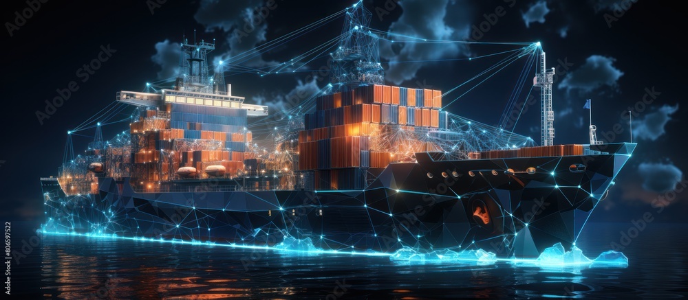 cargo ship with hologram on a dark background