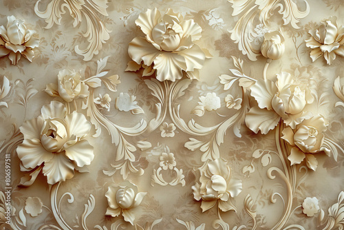  Elegant floral pattern with peonies and roses, intricately carved into cream-colored wall paper. Created with Ai