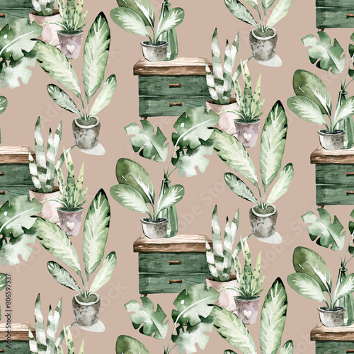 Watercolor seamless pattern of hand painted house potted houseplant. green plants in flower pots. Scrapbooking paper background of floral elements isolated on white. Decorativ © kris_art