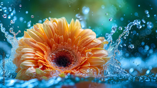 A dramatic water splash envelops a vibrant flower, illustrating the harmonious dance between water and nature, with droplets suspended in mid-air like liquid jewels