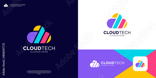 Colorful cloud logo server database storage computing logo design template.