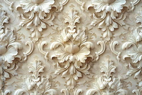 A closeup of an intricate Baroque-style plaster wall pattern, showcasing detailed floral and leaf motifs in cream color with hints of gold accents. Created with Ai