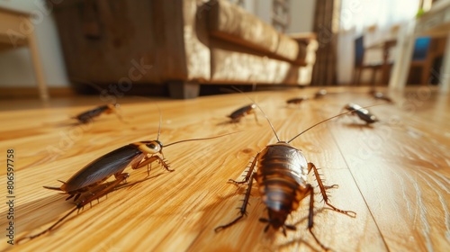 Cockroaches on the parquet floor Close-up of the background of the sofa in the living room