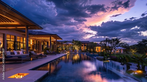 The dramatic contrast of a darkening sky at dusk over a brightly lit resort pool and patio area © Salman