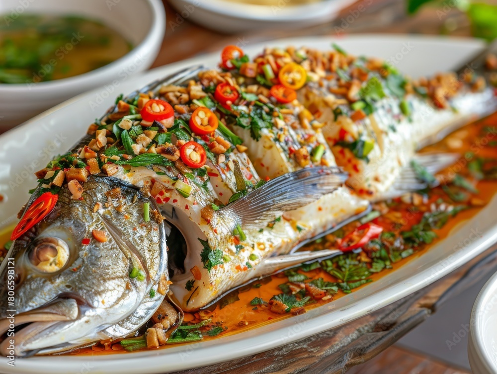 Steamed whole fish garnished with red chili, herbs, and peanuts, served in a spicy sauce on a white plate. Steamed whole fish garnished with red chili, herbs, and peanuts, served in a spicy sauce on a white plate.