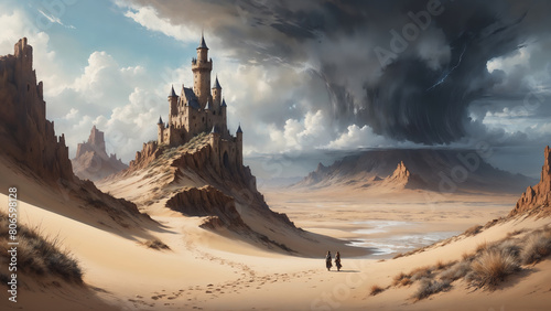 Ancient old castle ruins high above a rocky cliff in a sand dune desert landscape, majestic stormy rain clouds encircle the fortress with a two adventurers walking towards it.