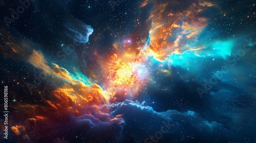 A breathtaking cosmic scene featuring a colorful nebula, star clusters, and dynamic cloud formations in deep space.