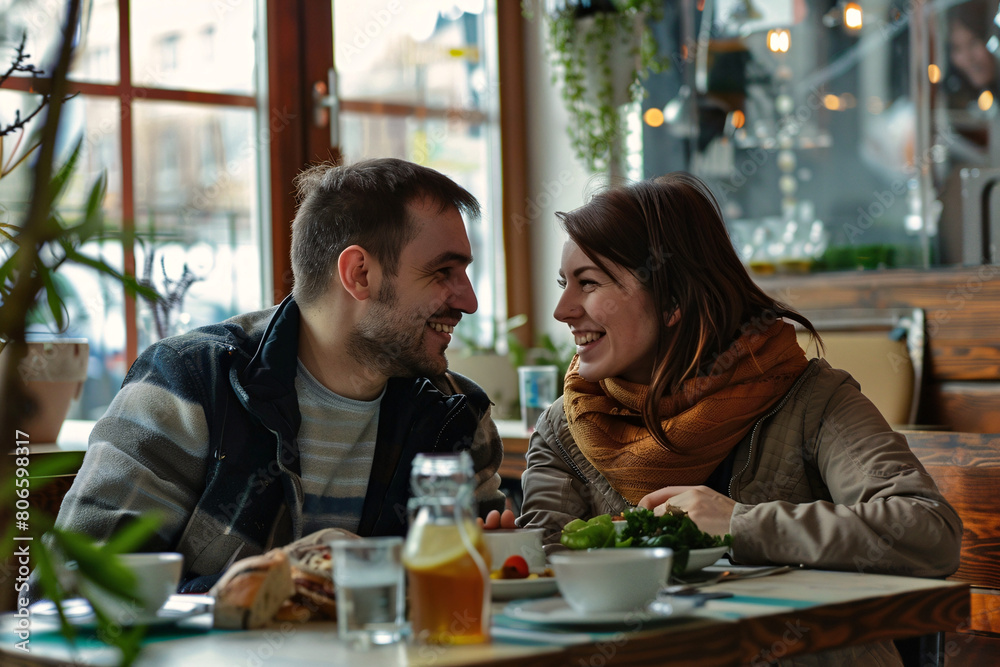 A romantic couple having breakfast in cafe.