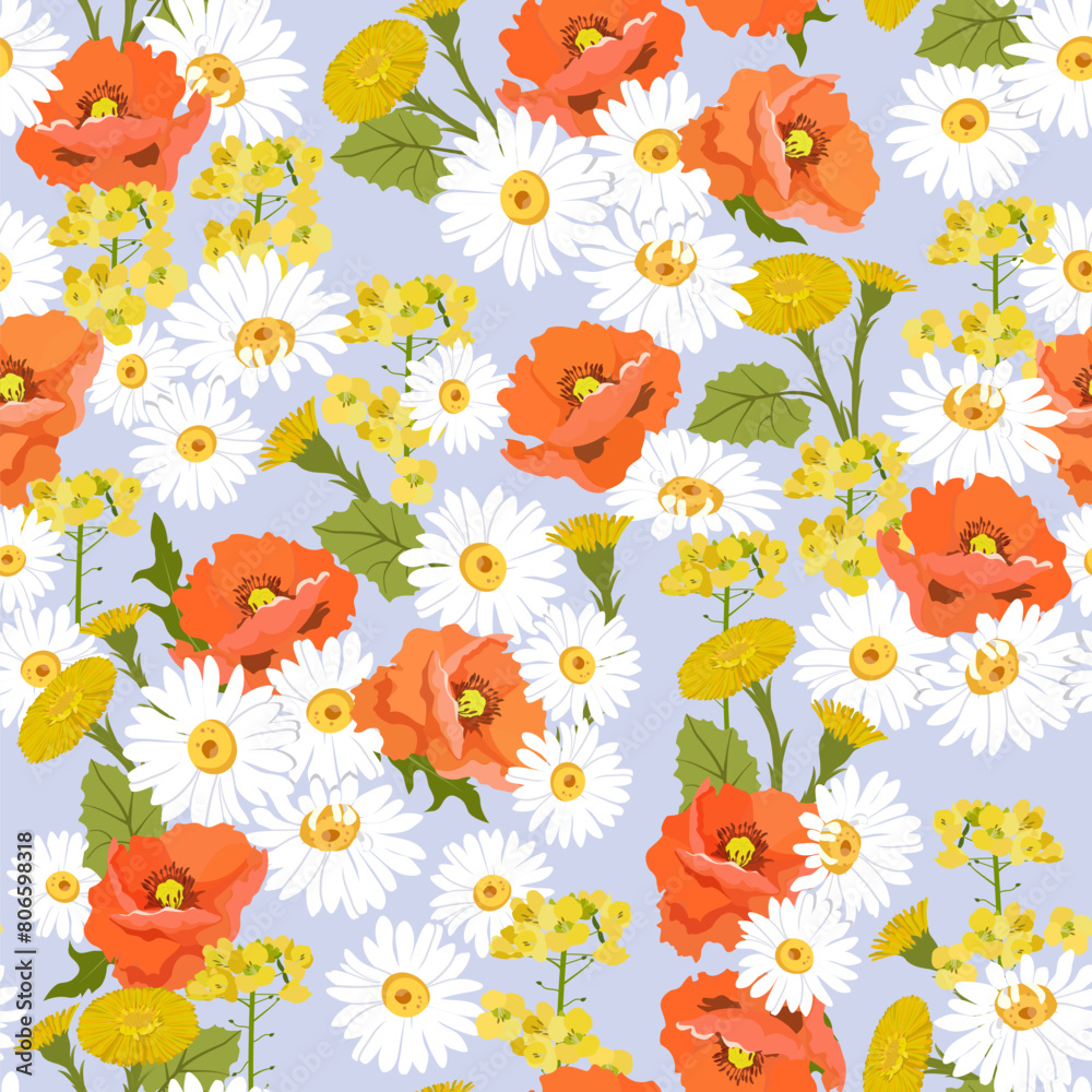 Excellent seamless pattern with poppies, daisies and field herbals on gray background. Excellent seamless pattern with poppies, daisies and field herbals on gray background.