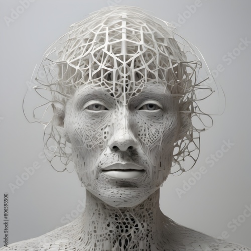 Ethereal Ceramic-Like Humanoid Bust with Intricate Lace Pattern