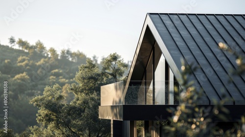 House roof, black steel roof, folded seam type modern house concept