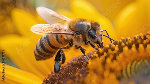 Macro view of a bee landing on a flower, focusing on its wings and pollen collection. photo