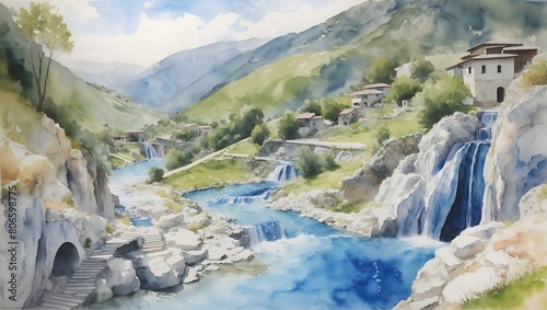 The Blue Eye Albania Country Landscape Illustration Art