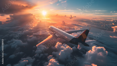 Airplane flying above the clouds at sunset. 3d render illustration