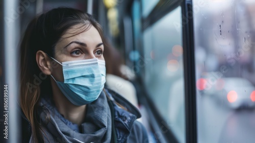 A person wearing a mask while traveling on public transportation, such as a bus or train, to protect themselves and others from flu transmission.