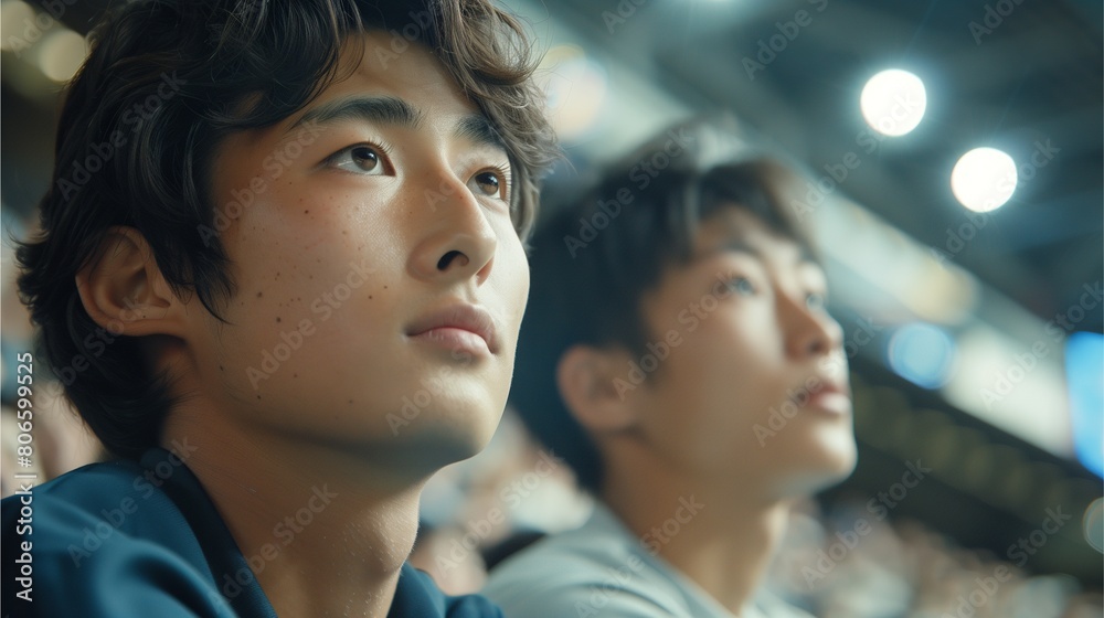 Fototapeta premium Image of an Asian man sitting in the stands, enjoying a sporting event with friends.