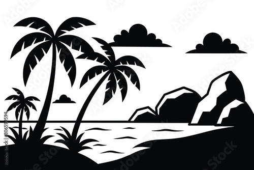 Tropical beach landscape with palm trees and rocks on the seashore cartoon vector illustration