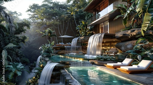 The exterior of a tropical villa with a pool  showcasing a multi-level garden with waterfalls and sun beds