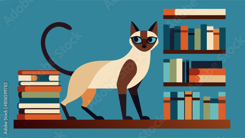 A sleek Siamese cat gracefully strolling along the shelves its tail elegantly swishing as it inspects the titles.. Vector illustration