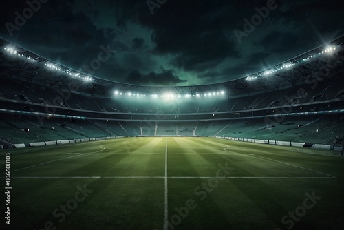 Spectacular sport stadium with glowing floodlights and empty green grass field. Professional sports background for advertisement.