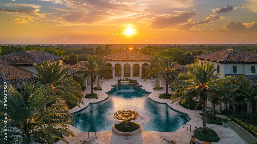 Fototapeta premium The golden sunrise casting a warm glow over a sprawling luxury pool home surrounded by palm trees