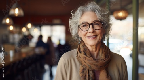 Beautiful modern elderly woman in stylish dress with happy smile in cafe