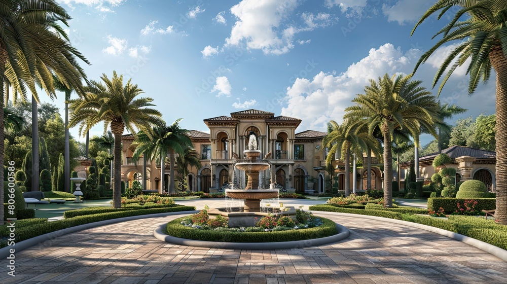 Fototapeta premium The grandeur of a villa's front yard, with a fountain centerpiece and palm trees lining the circular drive