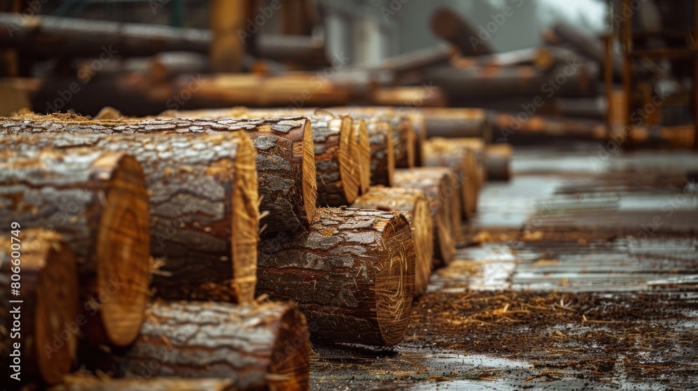 Freshly cut logs, hardwood in factories, wood processing industries. Freshly cut logs, hardwood in factories, wood processing industries.