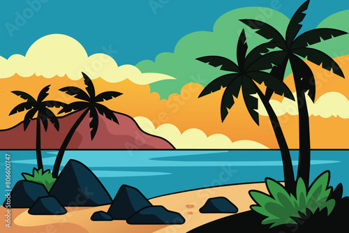 Tropical beach landscape with palm trees and rocks on the seashore cartoon vector illustration