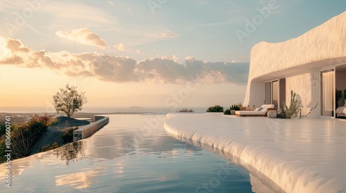 The harmonious blend of a white villa's exterior, with a pool that merges with the sky and a garden that melds with the land, captured at golden hour photo
