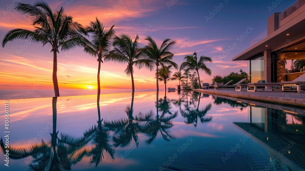 Obraz premium The inviting infinity pool of a luxury home, with palm trees reflecting in the water's surface at sunset