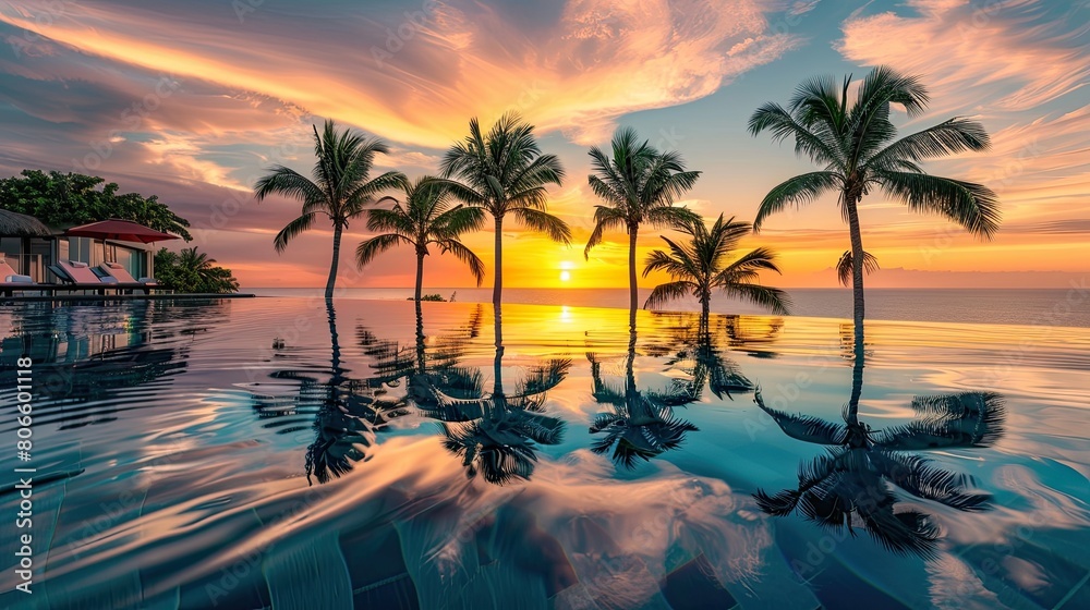 The inviting infinity pool of a luxury home, with palm trees reflecting in the water's surface at sunset