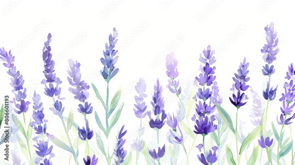 Fototapeta premium Gentle watercolor illustration of lavender sprigs against a soft white background, their soothing presence ideal for a peaceful clinic environment