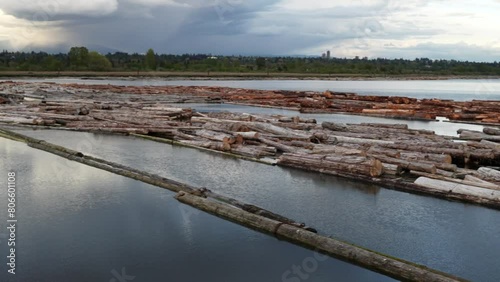 Serene River Landscape with Drifting Timber Logs at Dusk