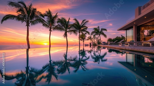 The inviting infinity pool of a luxury home  with palm trees reflecting in the water s surface at sunset