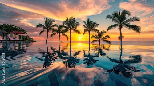 The inviting infinity pool of a luxury home  with palm trees reflecting in the water s surface at sunset
