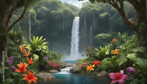 Invigorating Tropical Waterfall Surrounded By Lus photo