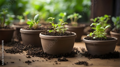 Office business growth success concept: small plants that are seeded and grown.