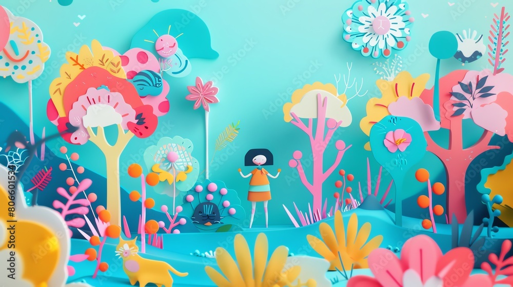 A playful pastel 2D scene showing a human child and a shape-shifting cat, both composed of vibrant shapes, playing in a whimsical garden