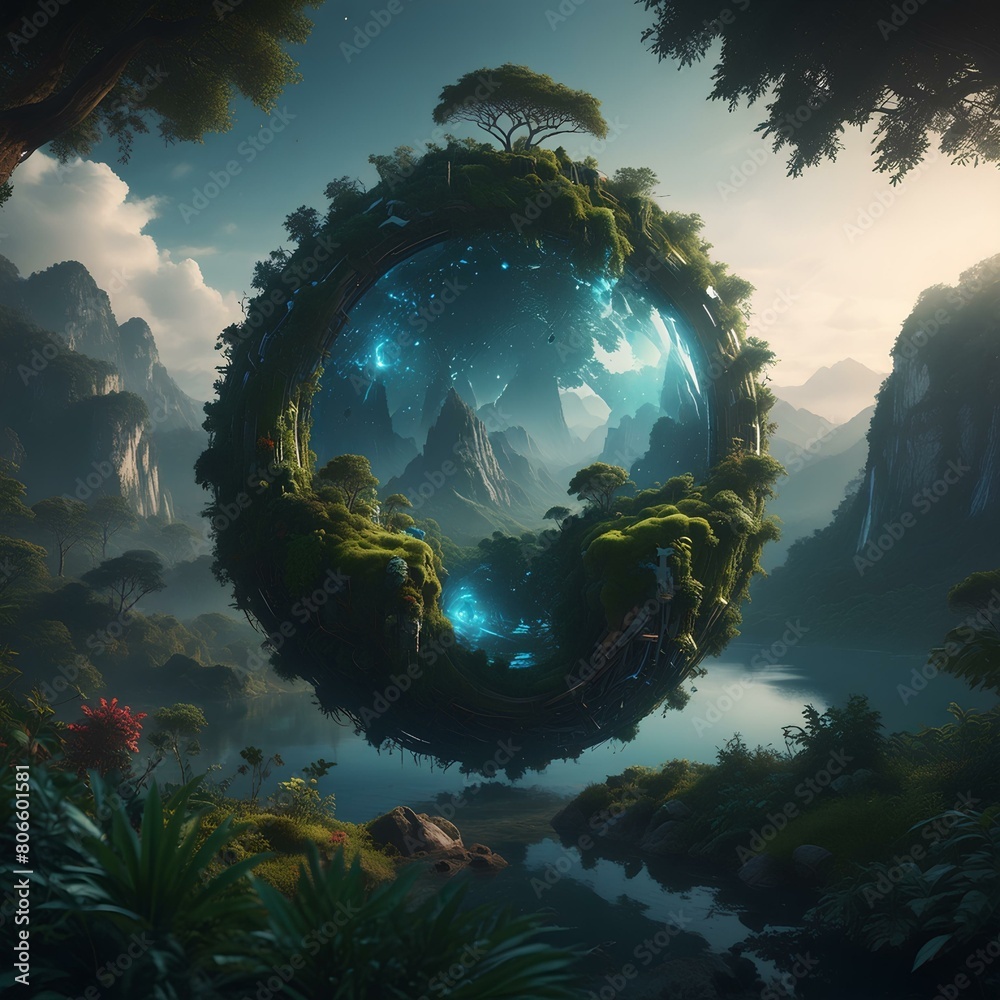 earth in space  forest moon , mountain round mirror, nature, forest