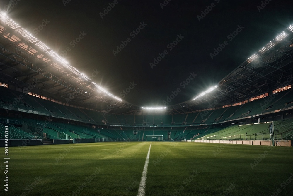 A brilliantly illuminated, yet eerily deserted, sports stadium comes to life in this stunning image. The floodlights cast a radiant glow over the empty green grass field below. This vivid painting cap