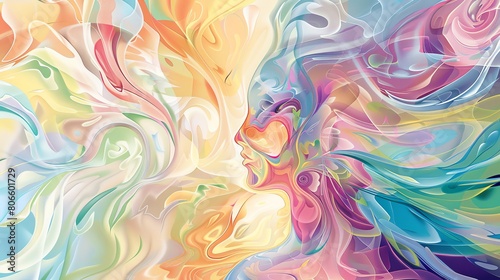 An abstract 2D pastel artwork showing a human form intertwined with floral shapes that burst forth in a spectrum of pastel colors
